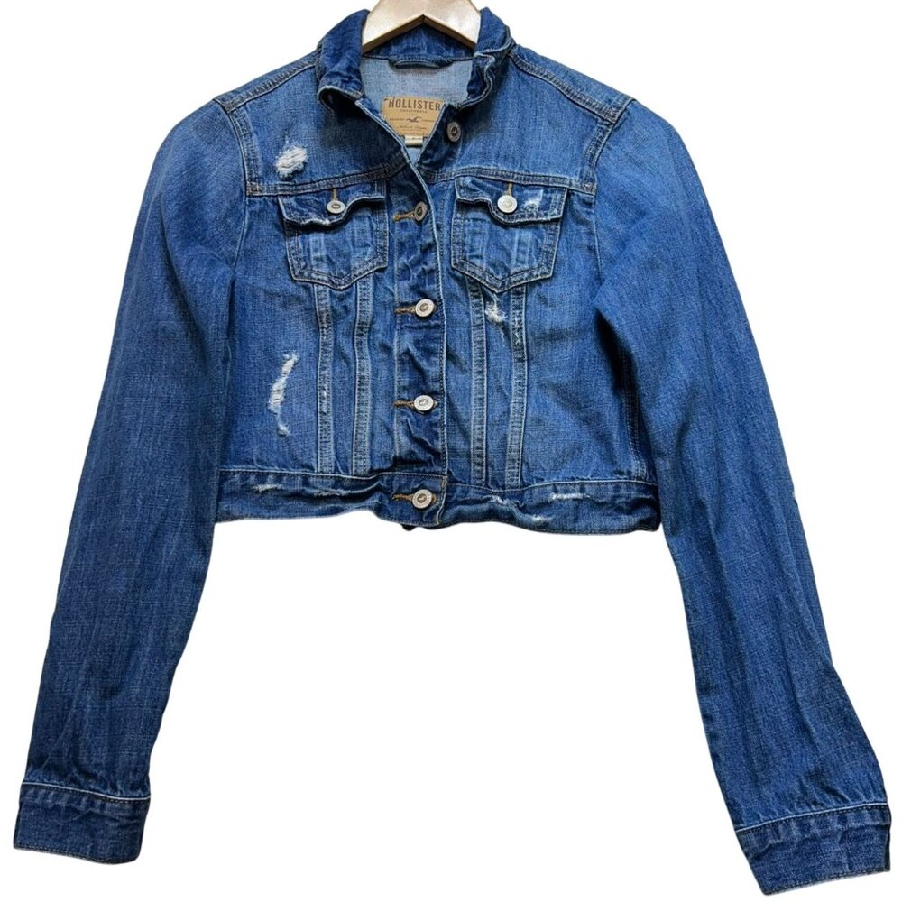 Hollister Women's Distressed Denim Jacket Button Front Long Sleeve Size S Blue